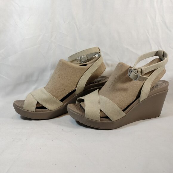 Crocs Leigh II Cream Canvas Strap Wedge Heels NWOT - Picture 1 of 10